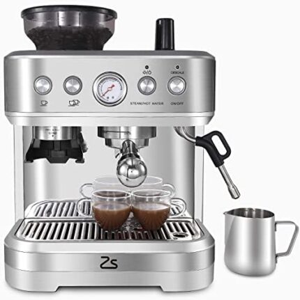 Litake Espresso Machine with Grinder and Milk Frother, 15 Bar Pump Cappuccino Latte Machine with Burr Conical Grinder, 58mm Extraction Bowl, Steam Wand, Auto-purge, 15 precision grind, Stainless Steel