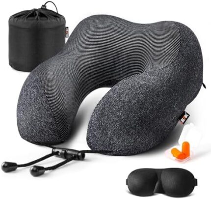 MLVOC Travel Pillow 100% Pure Memory Foam Neck Pillow, Comfortable & Breathable Cover, Machine Washable, Airplane Travel Kit with 3D Contoured Eye Masks, Earplugs, and Luxury Bag, Standard (Black)