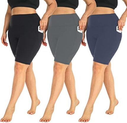 MOREFEEL 3 Pack Plus Size 8" Biker Shorts with Pockets for Women-High Waist Non-See Through Workout Black Yoga Short