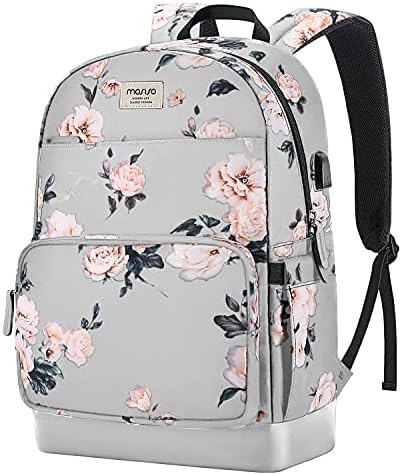 MOSISO 15.6-16 inch Laptop Backpack for Women, Polyester Anti-Theft Stylish Casual Daypack Bag with Luggage Strap & USB Charging Port, Camellia Travel Backpack, Grey