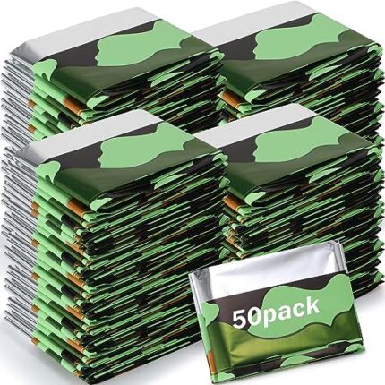 Macarrie 50 Pieces Emergency Blankets Mylar Thermal Space Blanket Waterproof Multi Purpose Survival Kits First Aid Wilderness Survival Gear for Camping Tent Car Hiking Outdoor Supplies, Woodland Camo