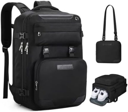 Maelstrom Travel Backpack for Women Men,35L Laptop Backpack Fits 17-Inch Laptop,Waterproof Carry On Backpack for Airplanes with Detachable Crossbody Bag&Shoe Compartment,Black, Large
