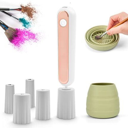 Makeup Brush Cleaner and Dryer, USB Rechargeable Electric Makeup Brush Cleaner, Super-Fast Makeup Brush Cleaner Machine, Automatic Brush Spinner and Foldable Silicone Container for Most Size Brushes