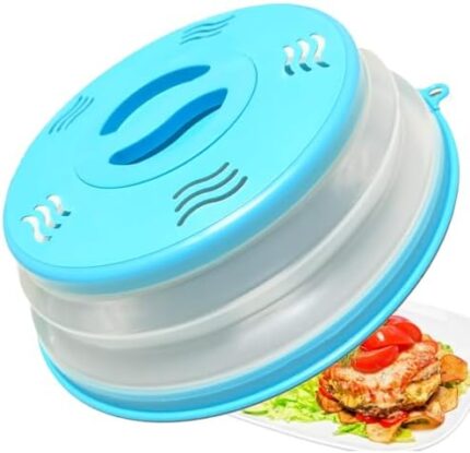 Microwave Splatter Cover Vented for Food, Splatter Guard & Colander Kitchen Gadget for Fruit Vegetables Microwave Plate Cover with Hook Hole,Dishwasher-Safe,BPA-Free Silicone & Plastic (Blue)