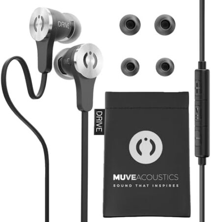 MuveAcoustics Drive Headphones Wired Earbuds with Microphone, Best for Computer Gaming Android Phones Corded Earphones with mic, Airplane Travel Case Ear Buds Plug in 3.5mm cord