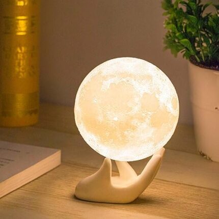 Mydethun Moon Lamp - Home Décor, Mood Lighting with Brightness Control, LED Night Light, Bedroom, Sleep Training Meditation,Birthday Gifts for Kids Women, Ceramic Hand Base, 3.5", White & Yellow