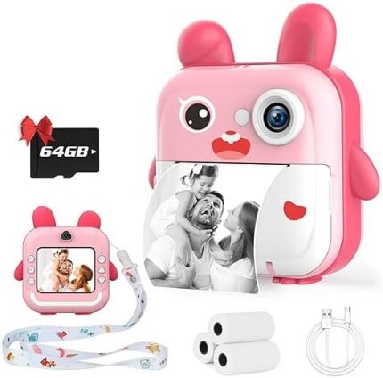 NAMEER Kids Camera Instant Print, 1080P HD Digital Camera for Kids with 64G SD Card, Selfie&Video Toddler Camera with Zero Ink Print Paper, Christmas Birthday Gifts for 3-12 Year Old Girls&Boys (Pink)
