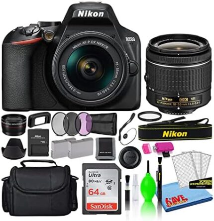 Nikon D3500 24.2MP DSLR Digital Camera with AF-P DX 18-55mm Lens (1590) Deluxe Bundle with 64GB SD Card + Large Camera Bag + Filter Kit + Spare Battery + Telephoto Lens (Renewed)