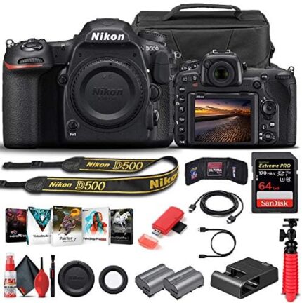 Nikon D500 DSLR Camera (Body Only) (1559) + 64GB Memory Card + Case + Corel Photo Software + EN-EL 15 Battery + Card Reader + HDMI Cable + Deluxe Cleaning Set + Flex Tripod + Memory Wallet (Renewed)