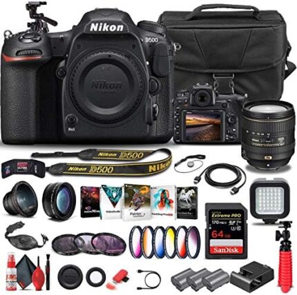 Nikon D500 DSLR Camera (Body Only) (1559) + Nikon 16-80mm Lens + 64GB Memory Card + Case + Corel Photo Software + 2 x EN-EL 15 Battery + LED Light + Filter Kit + Wide Angle Lens + More (Renewed)