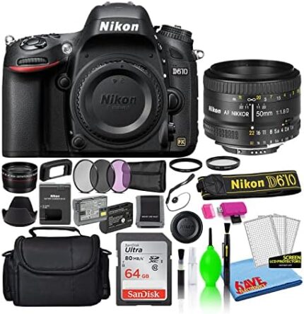 Nikon D610 24.3MP DSLR FX-Format Digital Camera with AF 50mm f/1.8D Lens (1540) Deluxe Bundle with 64GB SD Card + Large Camera Bag + Filter Kit + Spare EN-EL15 Battery + Telephoto Lens (Renewed)