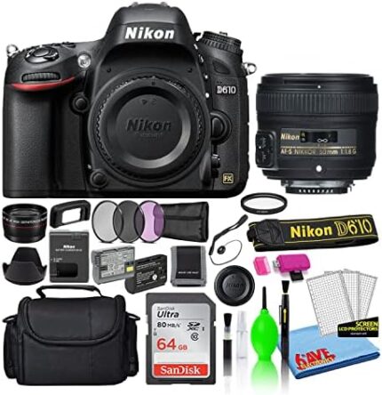 Nikon D610 24.3MP DSLR FX-Format Digital Camera with AF-S 50mm f/1.8G Lens (13550) Deluxe Bundle with 64GB SD Card + Large Camera Bag + Filter Kit + Spare EN-EL15 Battery + Telephoto Lens (Renewed)