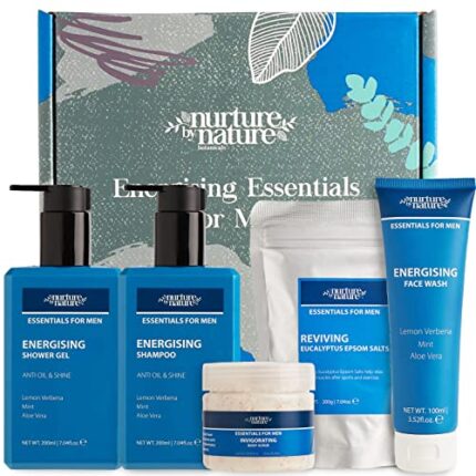 Nurture by Nature Mens toiletry gift set, Shower gel, shampoo, face wash, body scrub, Epsom salts, Gym Toiletry Set, Mens Grooming Kit, College dorm essentials for guys