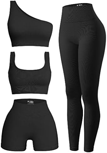 OQQ Women's 4 Piece Outfits Ribbed Exercise Scoop Neck Sports Bra One Shoulder Tops High Waist Shorts Leggings Active Set