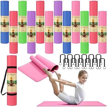 Outus 12 Pcs Yoga Mats Kids and 12 Pcs Yoga Strap Set, 60 x 24 Inches x 4 mm Thick Exercise Mats Bulk Non Slip Fitness Mat Gym Mats Bulk for Yoga, Pilates, Workout Stretching