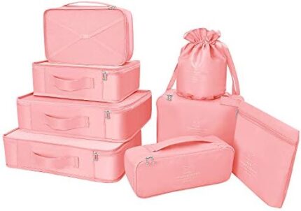 Packing Cubes 8 Sets Travel Luggage Organizers Include Waterproof Shoe Storage Bag Convenient Packing Pouches for Traveller (Pink)