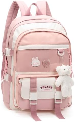 Phaoullzon Kawaii Backpack for School Aesthetic Bookbag Cute Anime Backpacks for Girls with Pins and Pendant, Pink