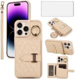 Phone Case for iPhone 15 Plus 6.7 inch Wallet Cover with Screen Protector Ring Stand Card Holder Slot Crossbody Strap Cell i-Phone 15+ iPhone15Plus 5G i i15 + iPhone15 15Plus Women Girls Men Beige