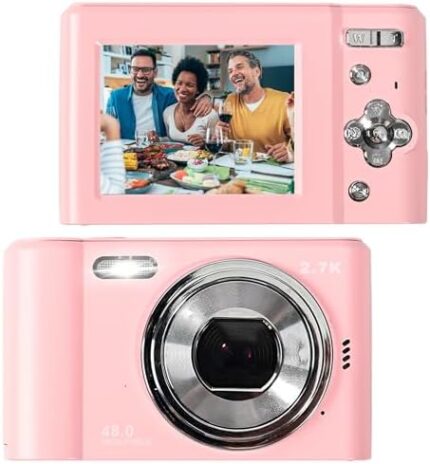 Pink Digital Camera, FHD 1080P Digital Camera for Kids, 48MP Point and Shoot Digital Cameras with 32GB SD Card 16X Digital Zoom, Compact Vlogging Camera Portable Mini Camera for Students Teens Adults