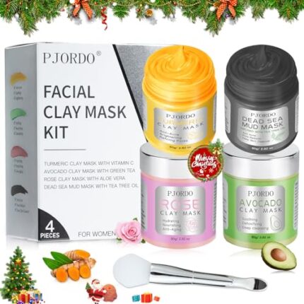 Pjordo 4 Pcs Clay Mask Set, Turmeric Vitamin C Clay Mask, Dead Sea Mud Mask, Avocado Clay Mask, Rose Clay Mask, Face Mask Skin Care Set, Christmas Gifts For Women Girls, 2.82 Oz Each