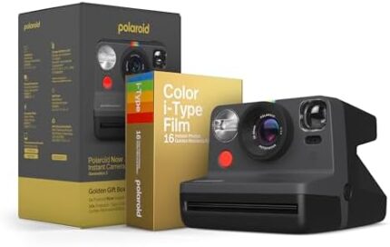 Polaroid Now 2nd Generation I-Type Instant Camera + Golden Moments Film Bundle - Now Black Camera + 16 Gold Color Photos (6288)