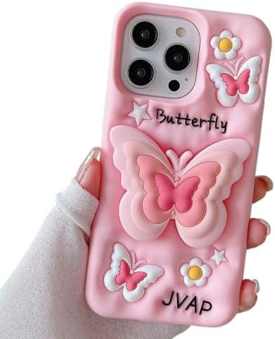 Pretaco Kawaii Butterfly Stand for iPhone 15 Case，[Cute 3D Cartoon Pink Butterfly Design] [Integrated Retractable Stand] [Soft Never-Deforming Silicone Materia] for Girls Women Phone Soft Case