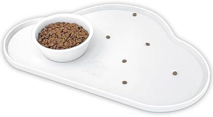 Ptlom Pet Placemat for Dogs and Cats, Non-Slip Waterproof Dog Feeding Mats Prevent Food and Water Overflow, Puppy Bowl Mat Suitable for Small, Medium and Large Pets, Silicone, White