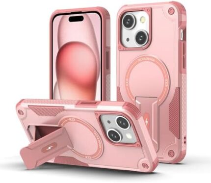 Pusiikeer Case for iPhone15 case, Built-in Stand [Compatible with MagSafe] Military Grade Shockproof Vertical and Horizontal Kickstand Phone Case for iPhone 15 - Pink