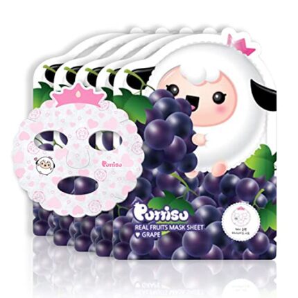 Puttisu Real Fruit Facial Mask Sheet for Kids, Children - Made with 100% Cotton, Moisturize, Sooths and Hydrates Skin (Grape- Pack of 5)