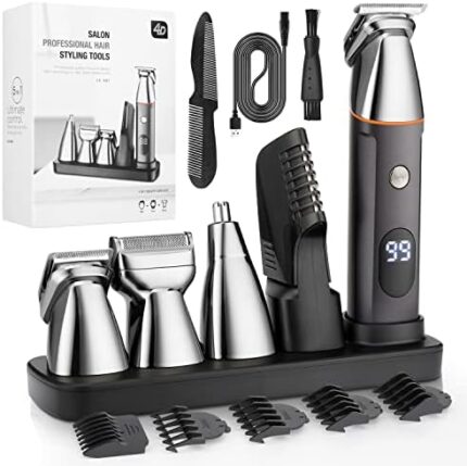 Qreeyx Mens Beard Trimmer 5 in 1 Cordless Hair Trimmer Kit, Waterproof Electric Nose Hair Trimmer Mustache Trimmer Body Shaver Grooming Kit, USB Rechargeable and LED Display Hair Cutting Kit (Sliver)…