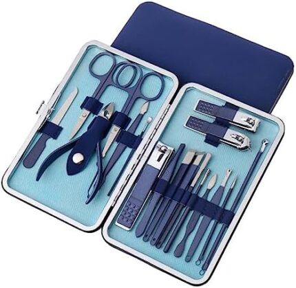 Rainbow Manicure Set, 18 in 1 Stainless Steel Gradient Professional Pedicure Kit Nail Scissors Grooming Kit with Leather Travel Case (C-Blue)