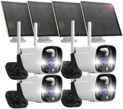 Rraycom 4 Pack Security Cameras Wireless Outdoor Solar Powered with AI Detection, 2K Color Night Vision Security Camera with 2 Way Audio, Alexa, No Monthly Fee, Spotlight & Siren, IP65 Waterproof
