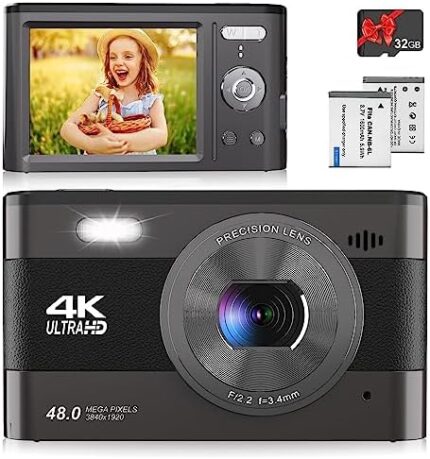 Rumyums Digital Camera, 4K 48MP Digital Camera for Kids Camera with 2.8 inch IPS Screen, Portable Compact Camera with 32GB TF Card and 2 Batteries for Beginners,Students,Teens(Black)