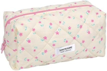 SINOKAME Handmade Quilted Floral Makeup Bag,Pink Coquette Puffy Cosmetic Makeup Pouch,Aesthetic Cute Travel Toiletry Bag Organizer Cotton Makeup Brush Storage,Cream Floral