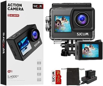 SJCAM Upgraded SJ4000 WiFi Action Camera 4K Ultra HD Dual Screen, 98FT Underwater Waterproof Camera 170° Wide-Angle Action Cam with 2 Batteries, SD Card&Accessories Kit for Helmet, Bicycle Skiing etc