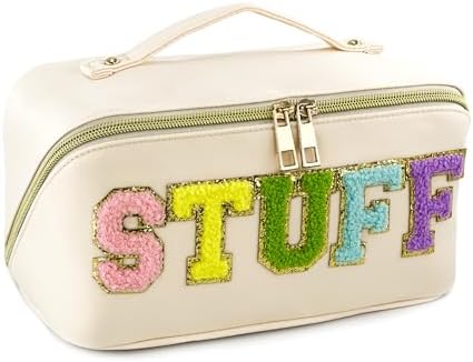 SLIFOUE Preppy Makeup Bag,Large Capacity Travel Chenille Letter Bag,Waterproof Portable Nylon Women Travel Makeup Bag With Handle and Divider Flat Lay Organizer Pouch (Beige)