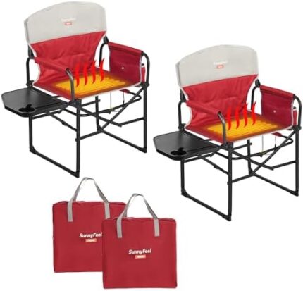 SUNNYFEEL Heated Camping Chair, Portable Folding Camping Directors Chair with Side Table, Pocket for Beach, Fishing,Trip,Picnic,Concert, Outdoor Foldable Camp Lawn Chairs