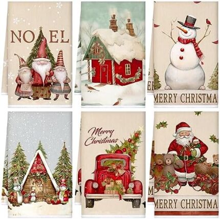 Set of 6 Christmas Kitchen Towels 24 x 16 Inch Absorbent Xmas Dish Towels Christmas Tea Towel Decorative Winter Snowman Truck Santa Claus Hand Towels for Home Bathroom Holiday Housewarming Gift