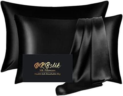 Silk Pillowcase 2 Pack,Mulberry Silk Pillowcases Standard Set of 2,Health,Soft and Smooth,Anti Acne,Beauty Sleep,Both Sides Natural Silk Satin Pillow Cases for Women 2 Pack with Zipper for Gift,Black
