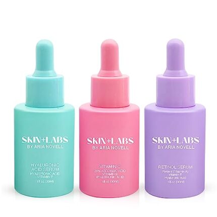 Skin+Labs by Aria Novell Skincare Bundle - Set of 3 With Vitamin C Serum, Retinol Serum, Hyaluronic Acid Serum - Facial Care Solutions For Brightening, Lifting Fine Lines & Wrinkles, Hydrating Skin