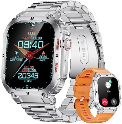 Smart Watch for Men Military Voice Assistant Make/Answer Calls Message Reminder 1.96in IPS Square Screen 400mAh Large Capacity Battery IP68 Waterproof Fitness Tracker Android iOS Rugged Smartwatch Men