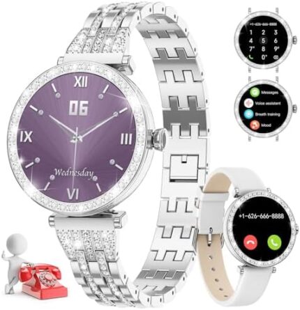 Smart Watch for Women(Answer/Make Call),1.19'' AMOLED Touchscreen,IP68 Waterproof,Heart Rate/Sleep Monitor/Blood Oxygen/AI Assistant,100 Sports Modes Diamond Women's Smartwatch for Android/iOS Silver