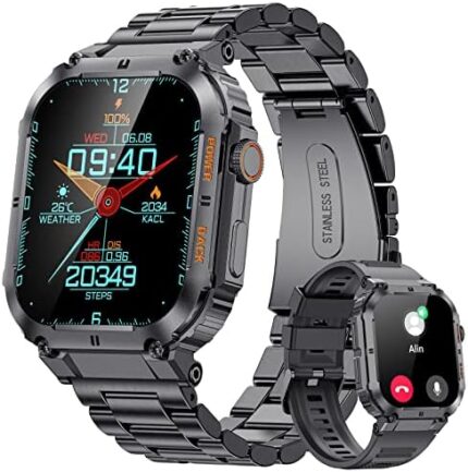 Smart Watches For Men Rugged Make/Answer Calls Voice Assistant 1.96in IPS Big Screen 400mAh Long-Lasting Battery 5ATM Waterproof Fitness Heart Rate Step Calorie Tracker Android iOS Men's Smartwatch
