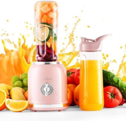 Smoothie Bullet Blender with 6 Sharp Blades, Personal Small Blender for Shakes and Smoothies with 3 Adjustable Speeds, BPA-free 2 Travel Cup, Pink
