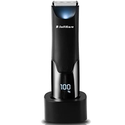 SoftKare Groin Hair Trimmer for Men - Safe Ball Shaver, Replaceable Ceramic Blade Heads & Charging Base, Electric Body Groomer with Light Power Display, Waterproof Wet / Dry Use Male Razor Black