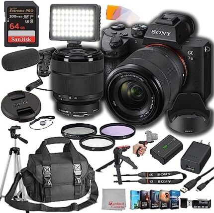 Sony a7 III Mirrorless Digital Camera 24MP w/ 28-70mmmm Lens, 64GB Extreem Speed Memory,Video Microphone, LED Video Light, Case. Tripod, Filters, & Video & Photo Editing Software Kit