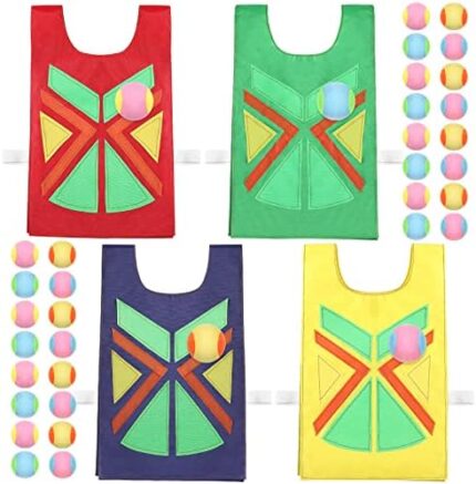 Sratte Dodgeball Game Sticky Vests Set Include 4 Vest and 32 Dodgeballs Throwing Target Game Outdoor Games for Kids Boy Girl Adults Active Play Catch Target Outside Sports Catch Toss Soft Toy Balls