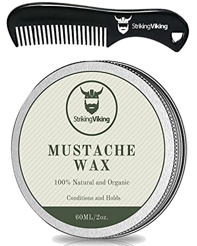 Striking Viking Mustache Wax and Comb Kit - Beard and Moustache Wax for Men with Strong Hold Natural Beeswax - Helps Tame, Style, and Groom (Vanilla Scent, 2 Ounce Size)
