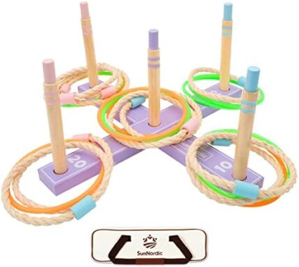 SunNordic Ring Toss Game Set, Wooden Throwing Yard Game with Carry Bag, 10 x Rope & 10 x Plastic Rings, Garden Game, Lawn Game, Backyard Game, Indoor Outdoor Toss Game for Kids, Adults and Family