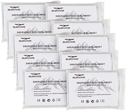 Survivd Emergency Thermal Blanket for Survival (10 Pack) | Mylar Safety Space Blanket | Hypothermia Prevention | First Aid| Extra Large 82" x 52"